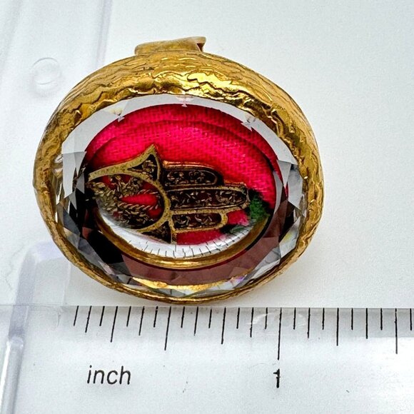 Silver Gold Vermeil Adjustable Hamsa Statement Ring Pink Textile Crystal Accent - Picture 6 of 12